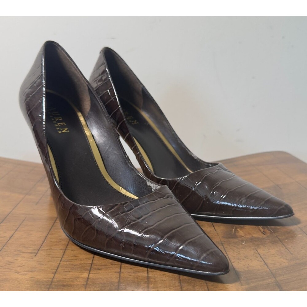 Lauren Ralph Lauren Croc Embossed Heels Brown Pointed Toe Pumps 7.5